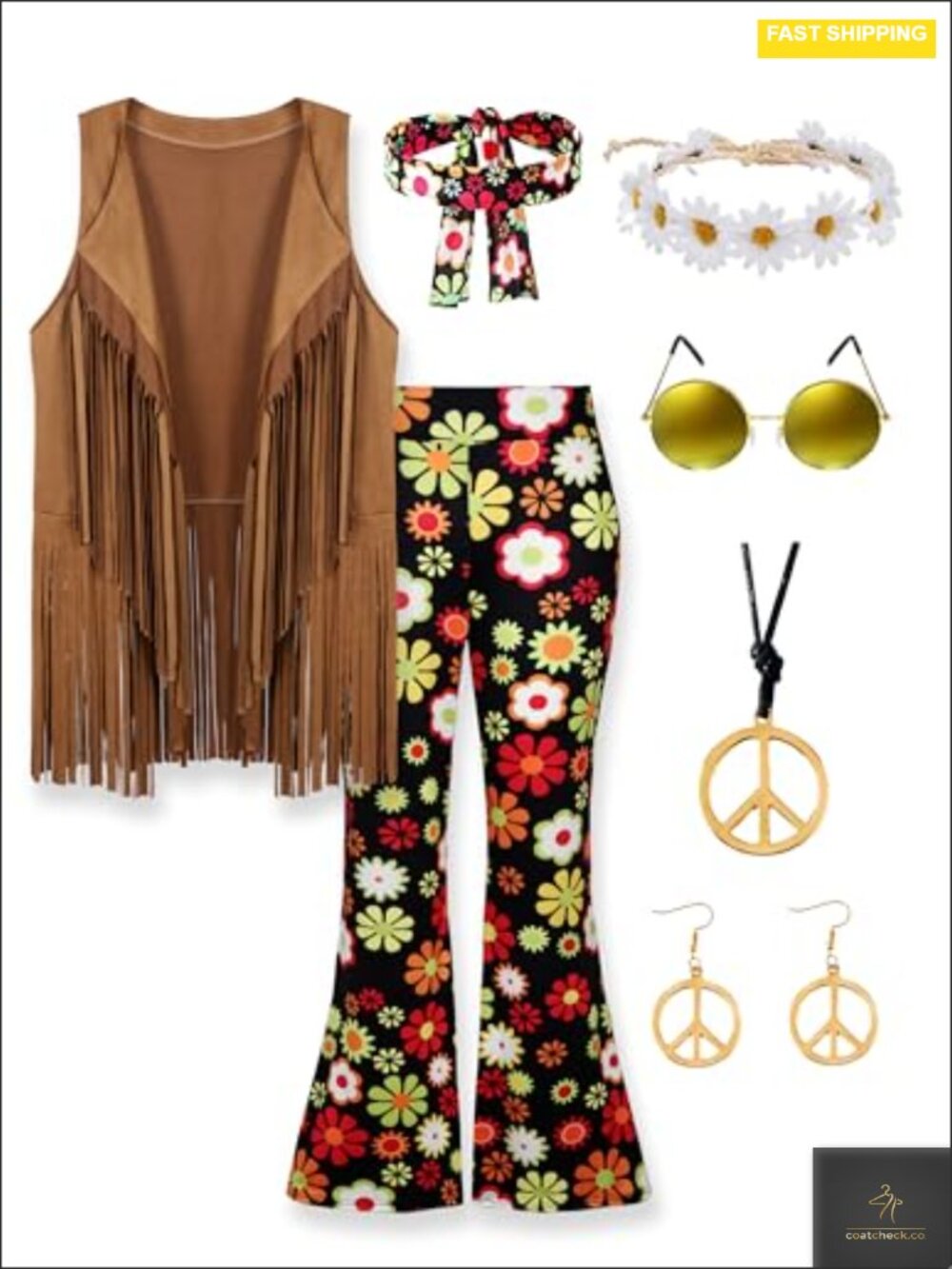 Hippie Costume Womens 70s Fringe Vest Flared Pants Peace Sign Jewelry 8pc Set